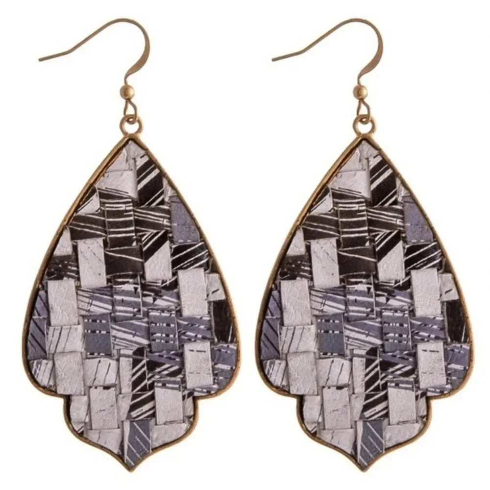 Boutique NWT Metal plated faux leather woven dangle earrings goth office